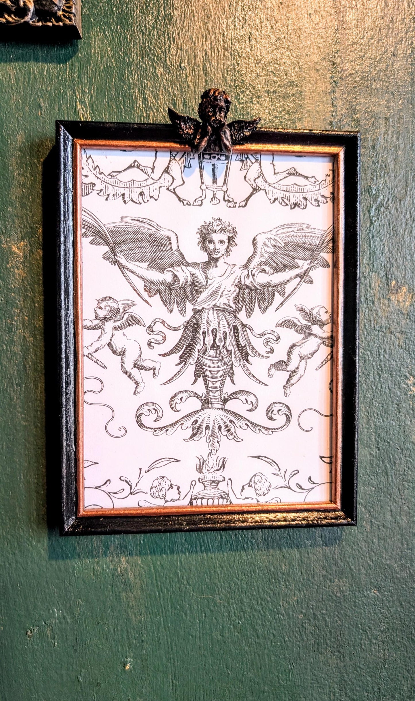 Hand Painted Cherub Wall Frame, Black & Gold Goth Decor
