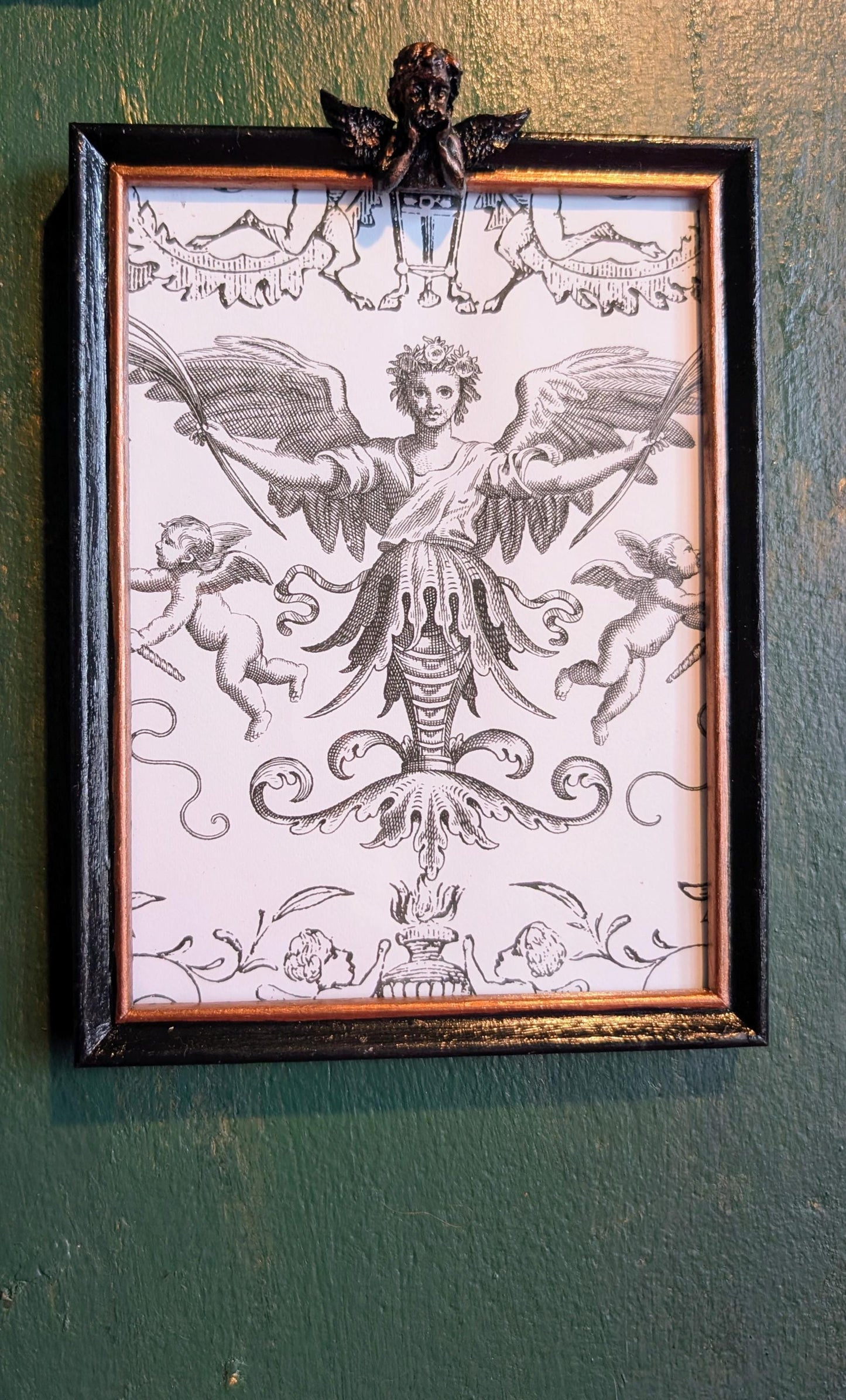 Hand Painted Cherub Wall Frame, Black & Gold Goth Decor