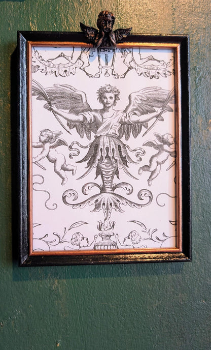 Hand Painted Cherub Wall Frame, Black & Gold Goth Decor