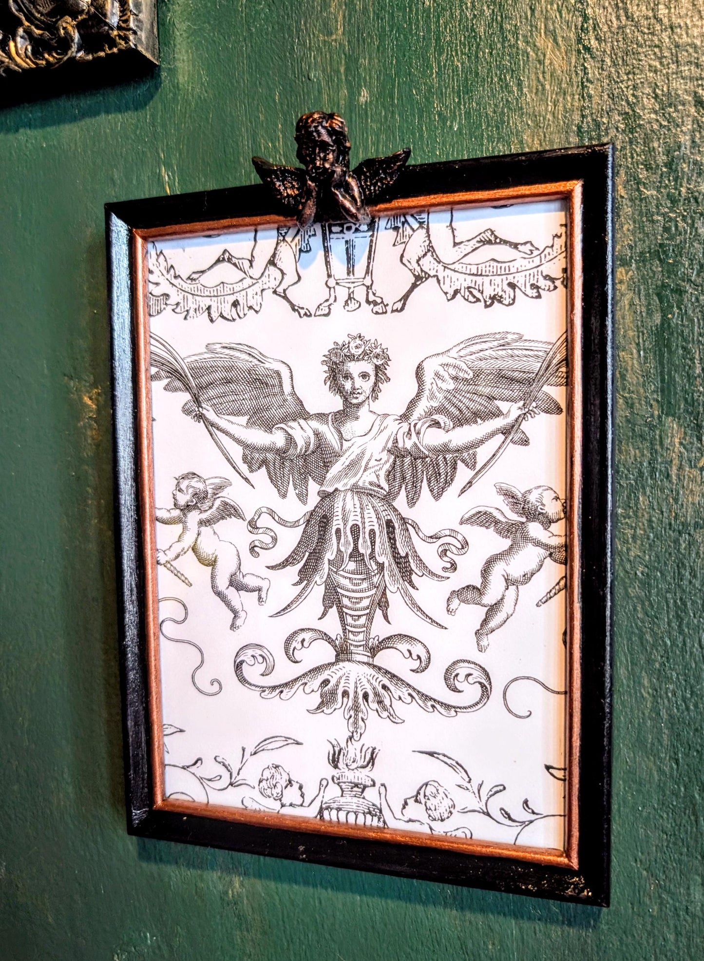 Hand Painted Cherub Wall Frame, Black & Gold Goth Decor