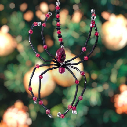 Handmade Beaded Spider Ornament: Red & Black Halloween Decoration