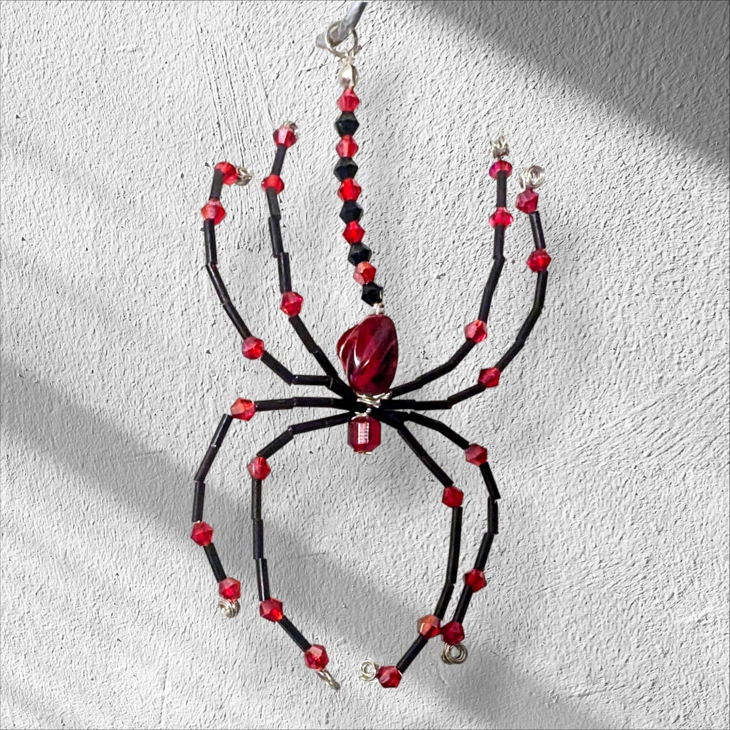 Handmade Beaded Spider Ornament: Red & Black Halloween Decoration