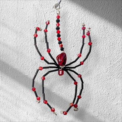 Handmade Beaded Spider Ornament: Red & Black Halloween Decoration