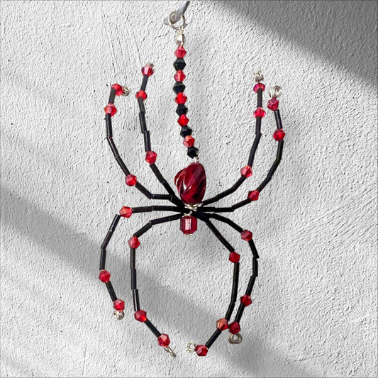 Handmade Beaded Spider Ornament: Red & Black Halloween Decoration