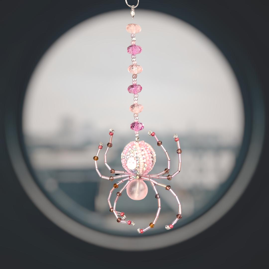 Handmade Beaded Spider Ornament, Pink Glass Beads, Halloween Decoration