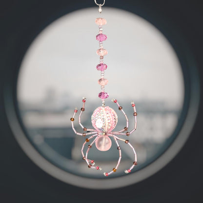 Handmade Beaded Spider Ornament, Pink Glass Beads, Halloween Decoration