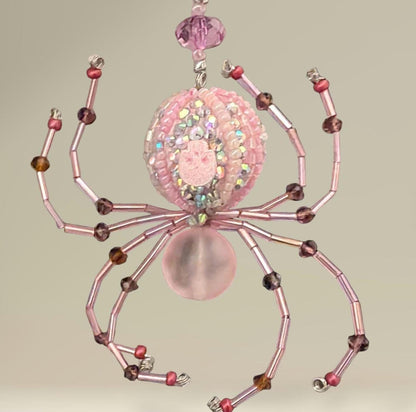 Handmade Beaded Spider Ornament, Pink Glass Beads, Halloween Decoration