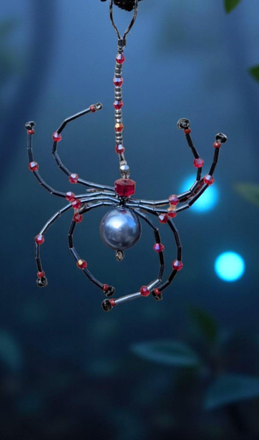 Handmade Beaded Spider Ornament: Gunmetal Grey & Red Glass Beads