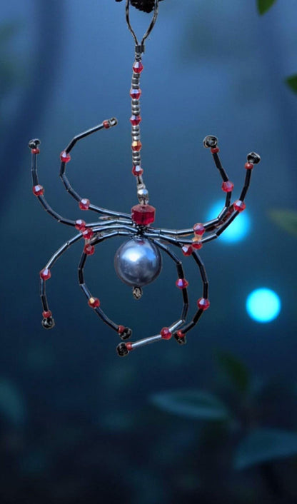 Handmade Beaded Spider Ornament: Gunmetal Grey & Red Glass Beads