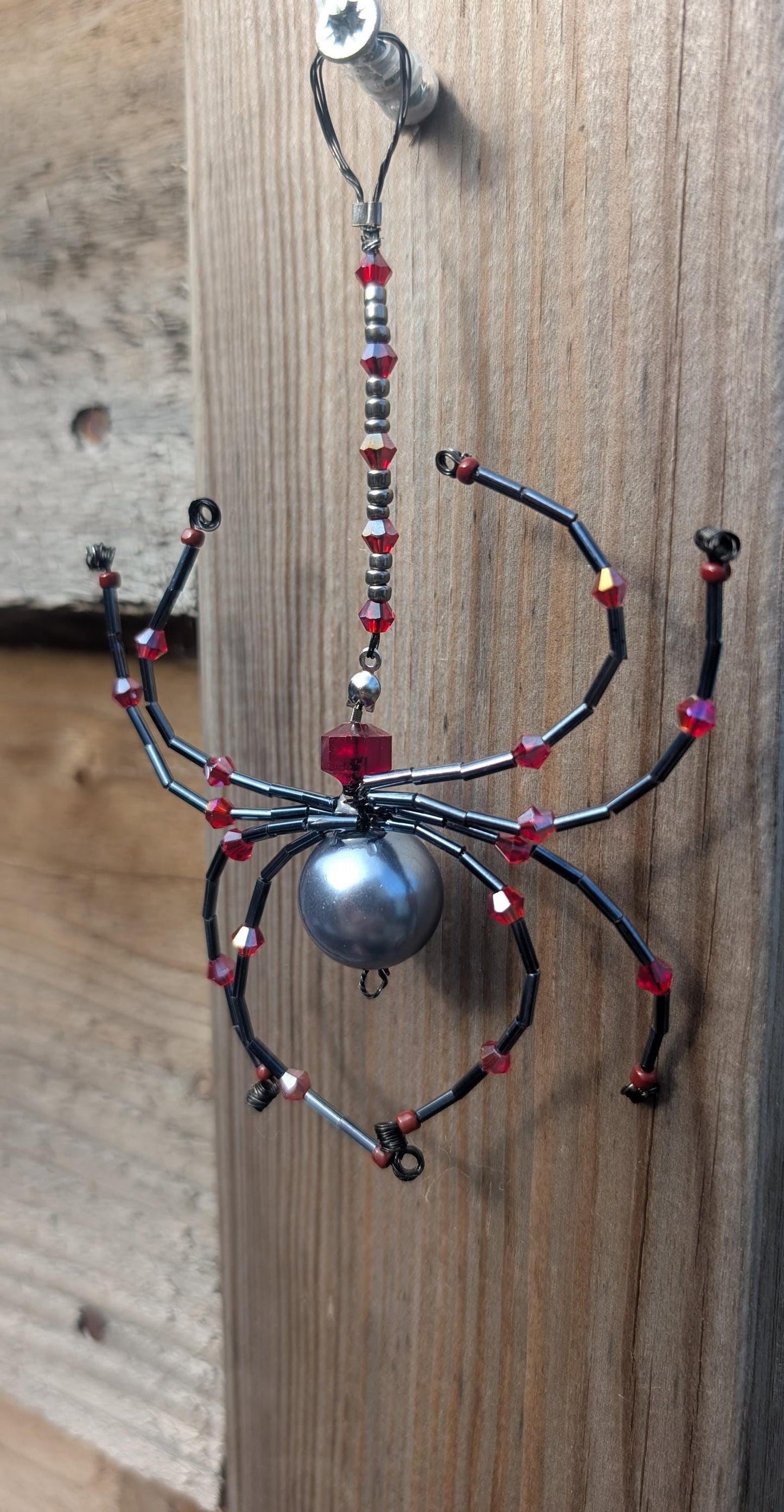 Handmade Beaded Spider Ornament: Gunmetal Grey & Red Glass Beads