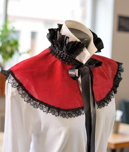 Burgundy Taffeta Capelet: Black Lace Trim, Victorian Steampunk Costume