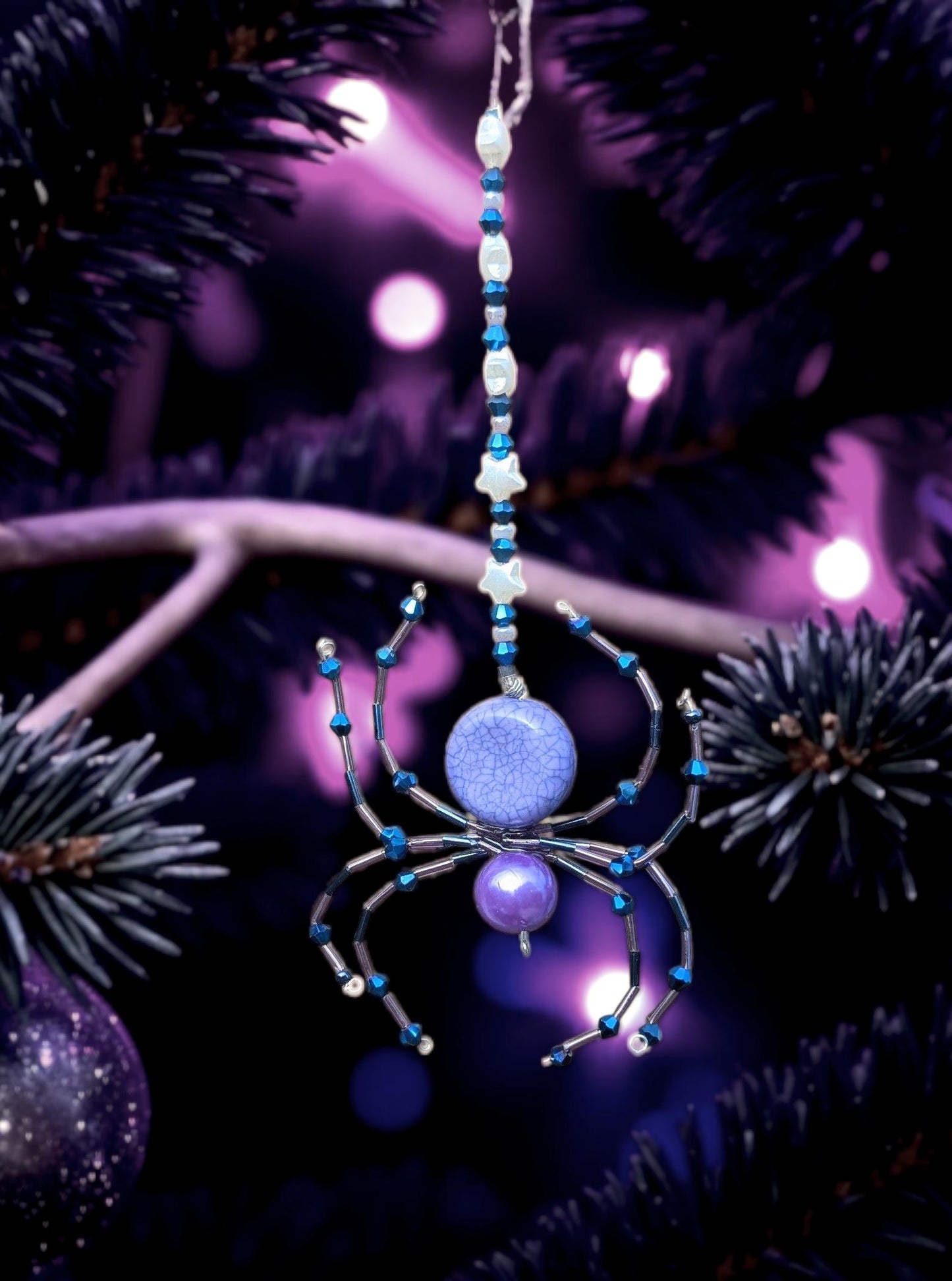 Handmade Beaded Wire Spider Ornament: Purple, Blue, Star Beads