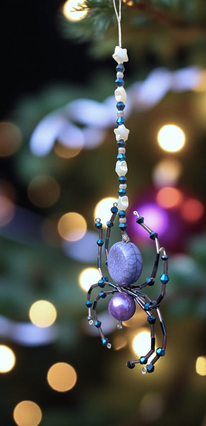 Handmade Beaded Wire Spider Ornament: Purple, Blue, Star Beads