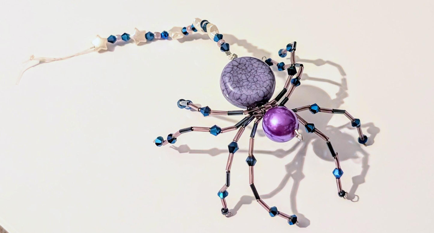 Handmade Beaded Wire Spider Ornament: Purple, Blue, Star Beads