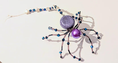Handmade Beaded Wire Spider Ornament: Purple, Blue, Star Beads