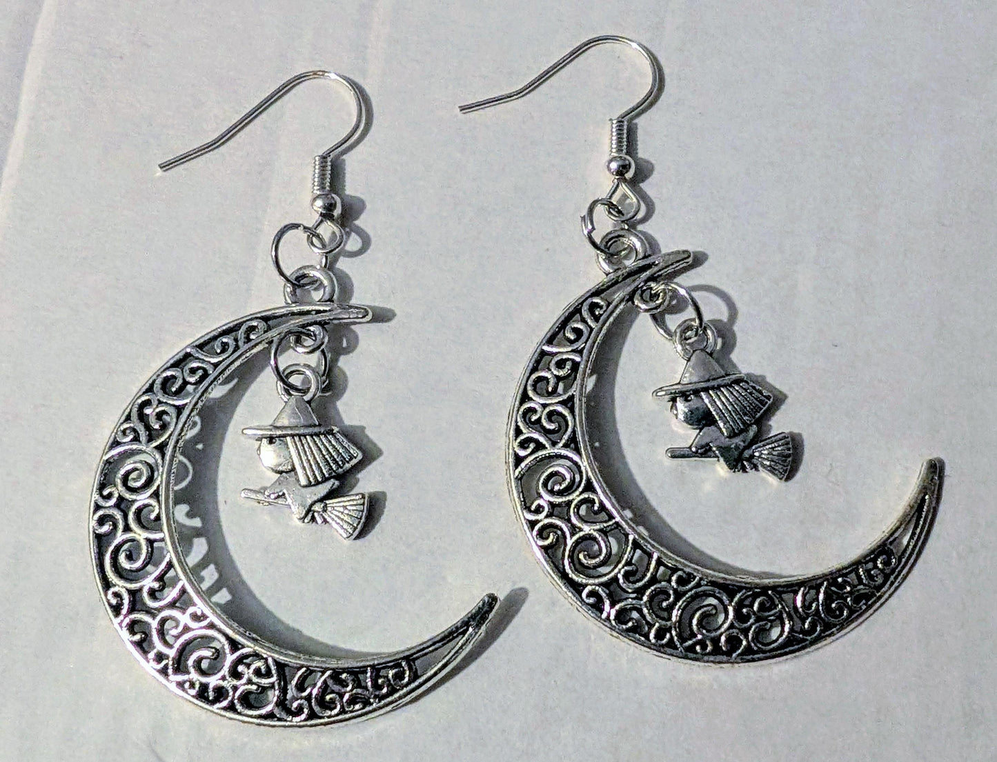 Handmade Crescent Moon Witch Earrings, Silver Tone Halloween Goth Jewelry