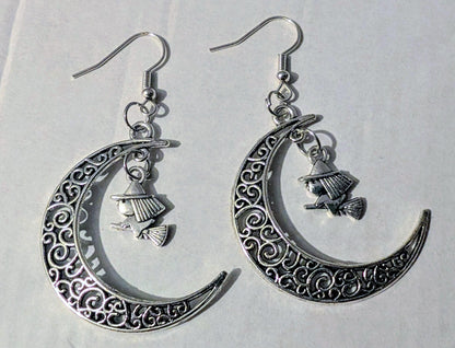 Handmade Crescent Moon Witch Earrings, Silver Tone Halloween Goth Jewelry