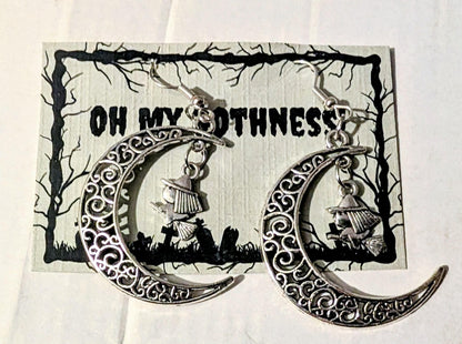 Handmade Crescent Moon Witch Earrings, Silver Tone Halloween Goth Jewelry