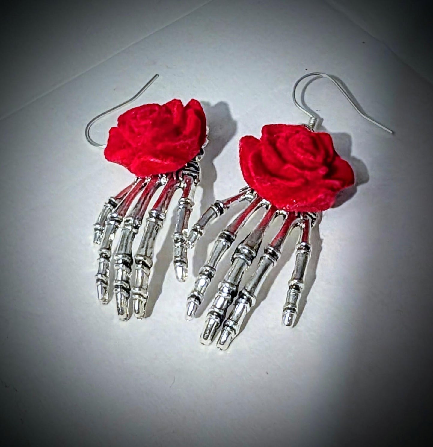 Skeleton Hand Dangle Earrings with Red Rose, Gothic Jewelry