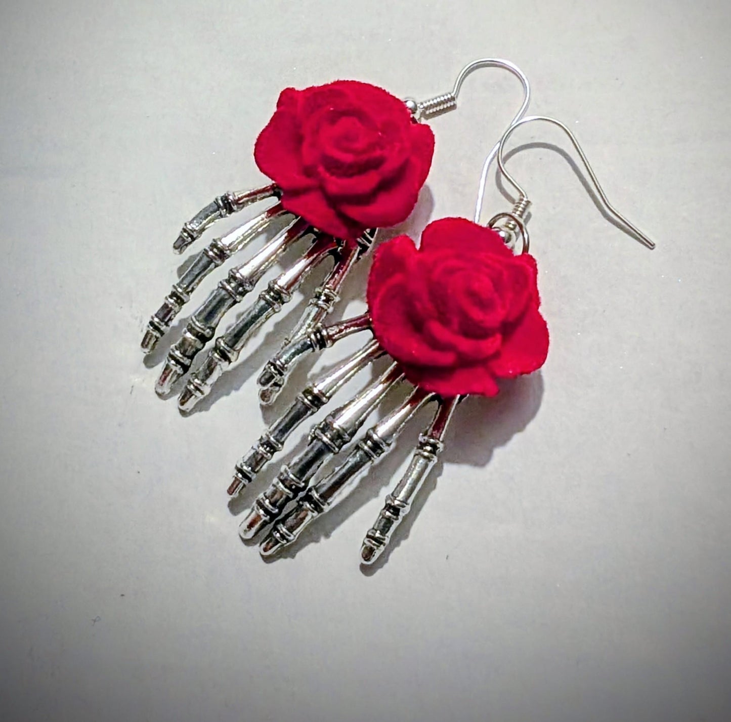 Skeleton Hand Dangle Earrings with Red Rose, Gothic Jewelry