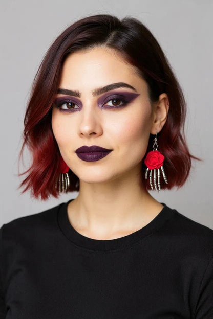 Skeleton Hand Dangle Earrings with Red Rose, Gothic Jewelry