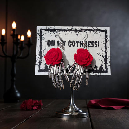 Skeleton Hand Dangle Earrings with Red Rose, Gothic Jewelry