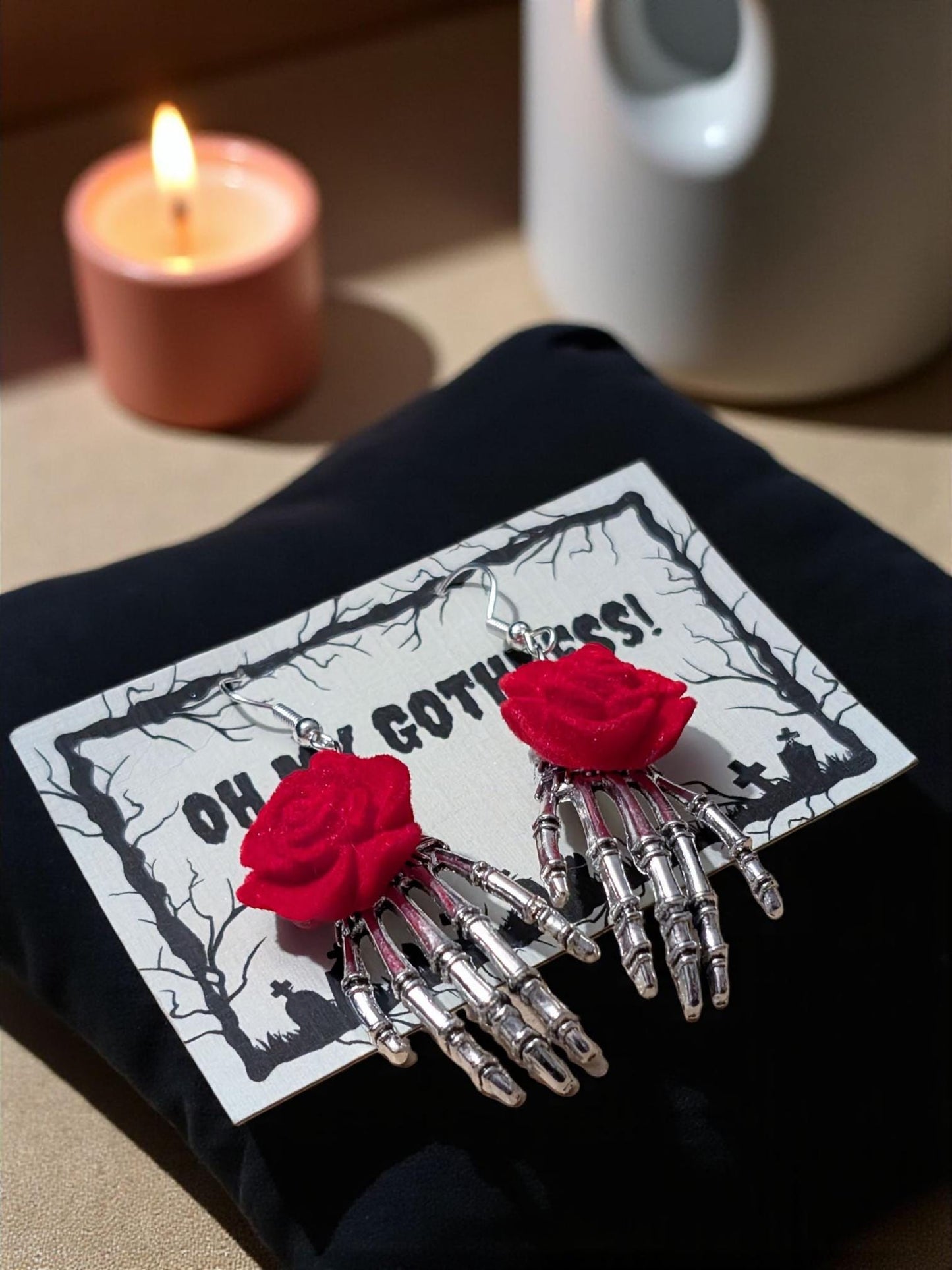 Skeleton Hand Dangle Earrings with Red Rose, Gothic Jewelry
