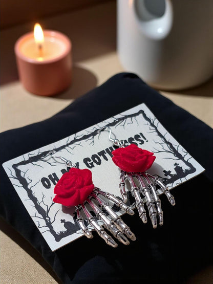 Skeleton Hand Dangle Earrings with Red Rose, Gothic Jewelry