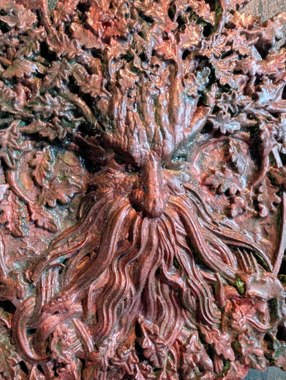 Handmade Green Man Wall Plaque, Bronze Patina Oak Tree Decor