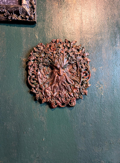 Handmade Green Man Wall Plaque, Bronze Patina Oak Tree Decor