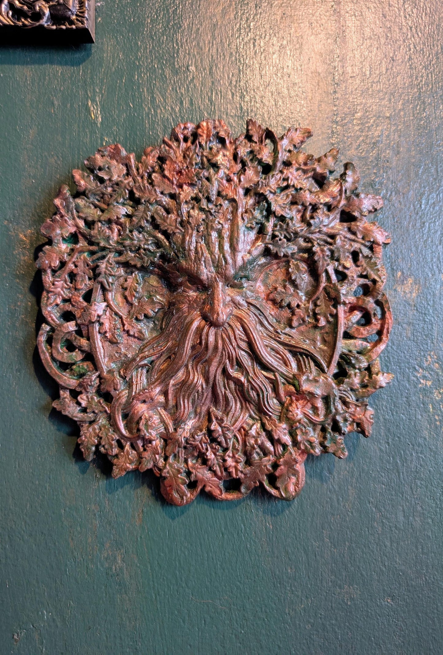 Handmade Green Man Wall Plaque, Bronze Patina Oak Tree Decor
