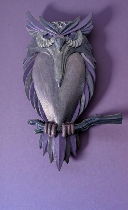 Hand Painted Owl Wall Hanging: Purple Lavender Bird Decor