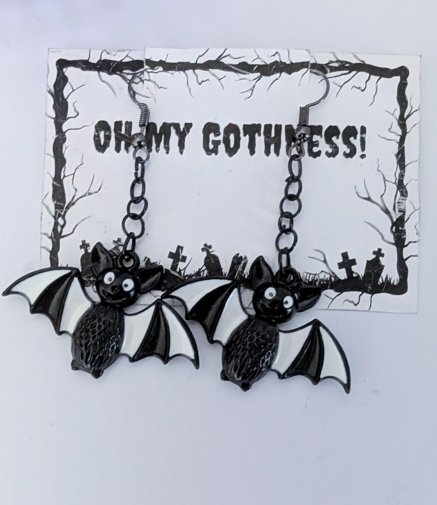 Handmade Cartoon Bat Dangle Earrings, Black & White Halloween Jewelry