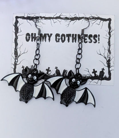 Handmade Cartoon Bat Dangle Earrings, Black & White Halloween Jewelry