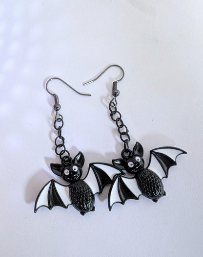Handmade Cartoon Bat Dangle Earrings, Black & White Halloween Jewelry