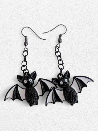 Handmade Cartoon Bat Dangle Earrings, Black & White Halloween Jewelry