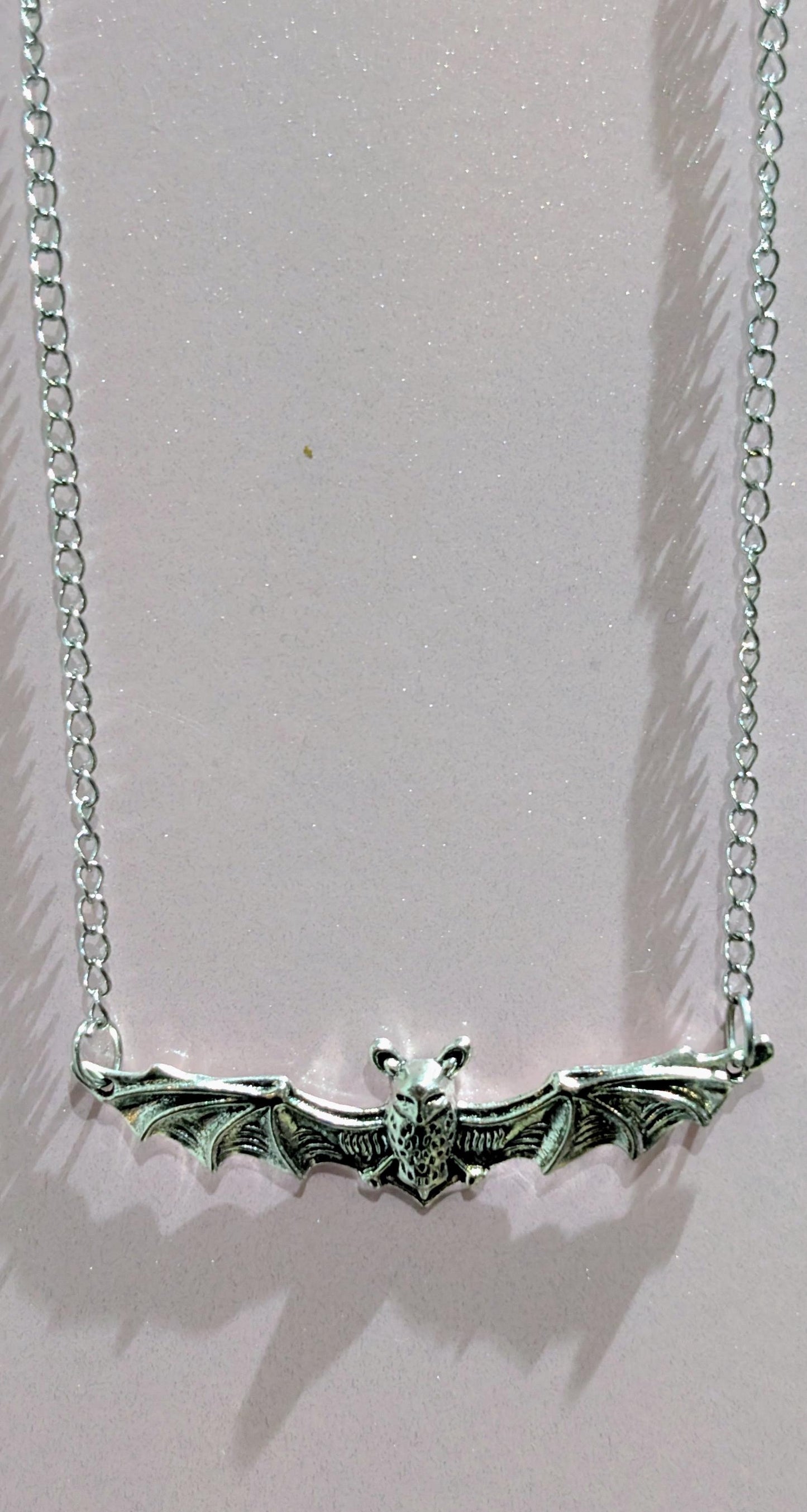 Handmade silver metal necklace pendant charm flying bat open wings gothic costume jewellery cute gift for her teen girl Halloween accessory