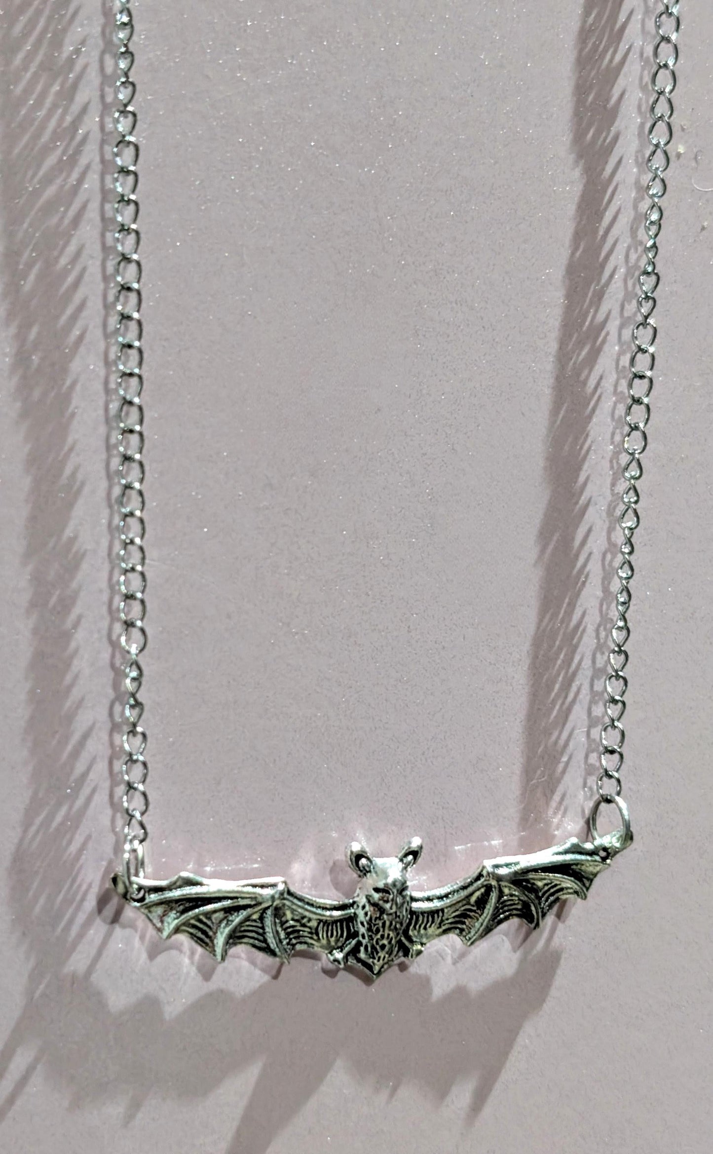 Handmade silver metal necklace pendant charm flying bat open wings gothic costume jewellery cute gift for her teen girl Halloween accessory