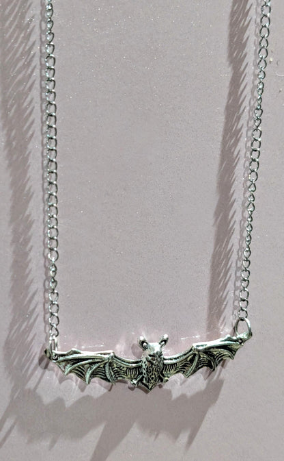 Handmade silver metal necklace pendant charm flying bat open wings gothic costume jewellery cute gift for her teen girl Halloween accessory