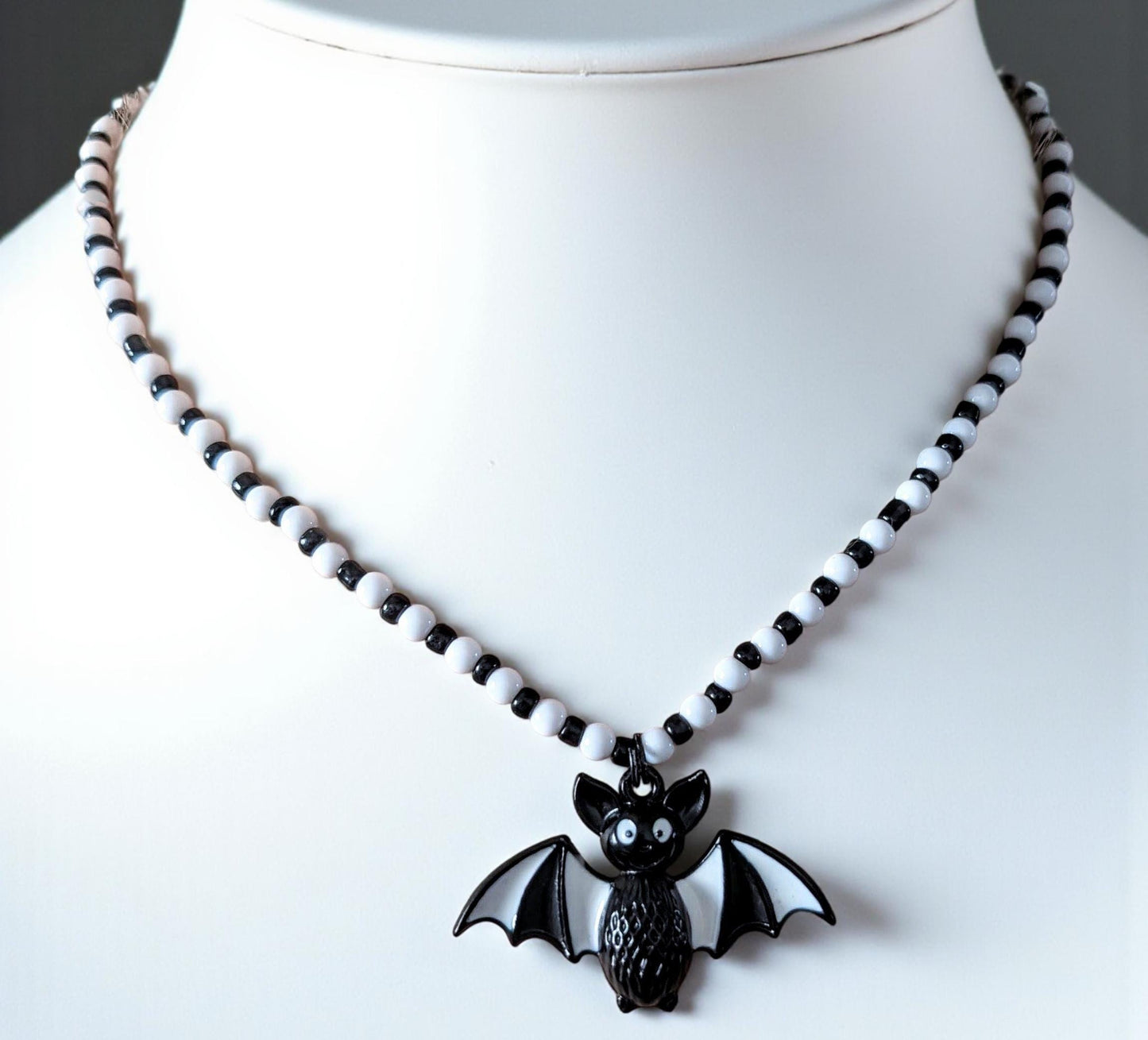 Handmade Beaded Bat Necklace: Black and White Spooky Jewelry