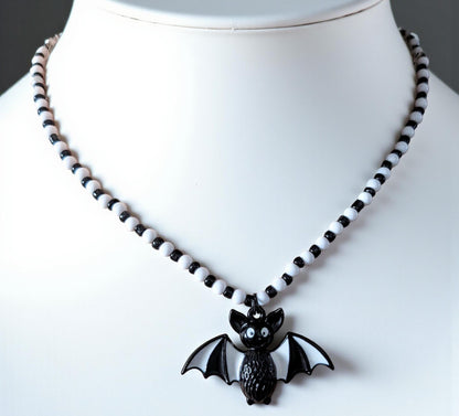 Handmade Beaded Bat Necklace: Black and White Spooky Jewelry
