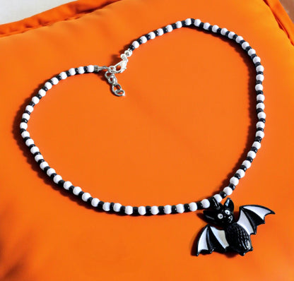 Handmade Beaded Bat Necklace: Black and White Spooky Jewelry