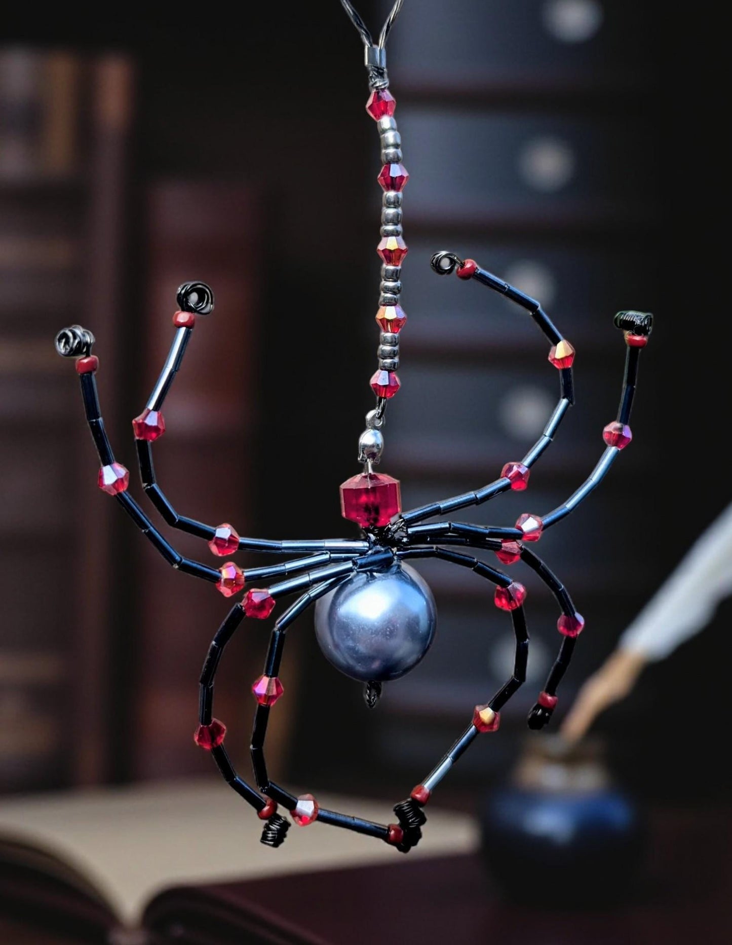 Handmade Beaded Spider Ornament: Gunmetal Grey & Red Glass Beads