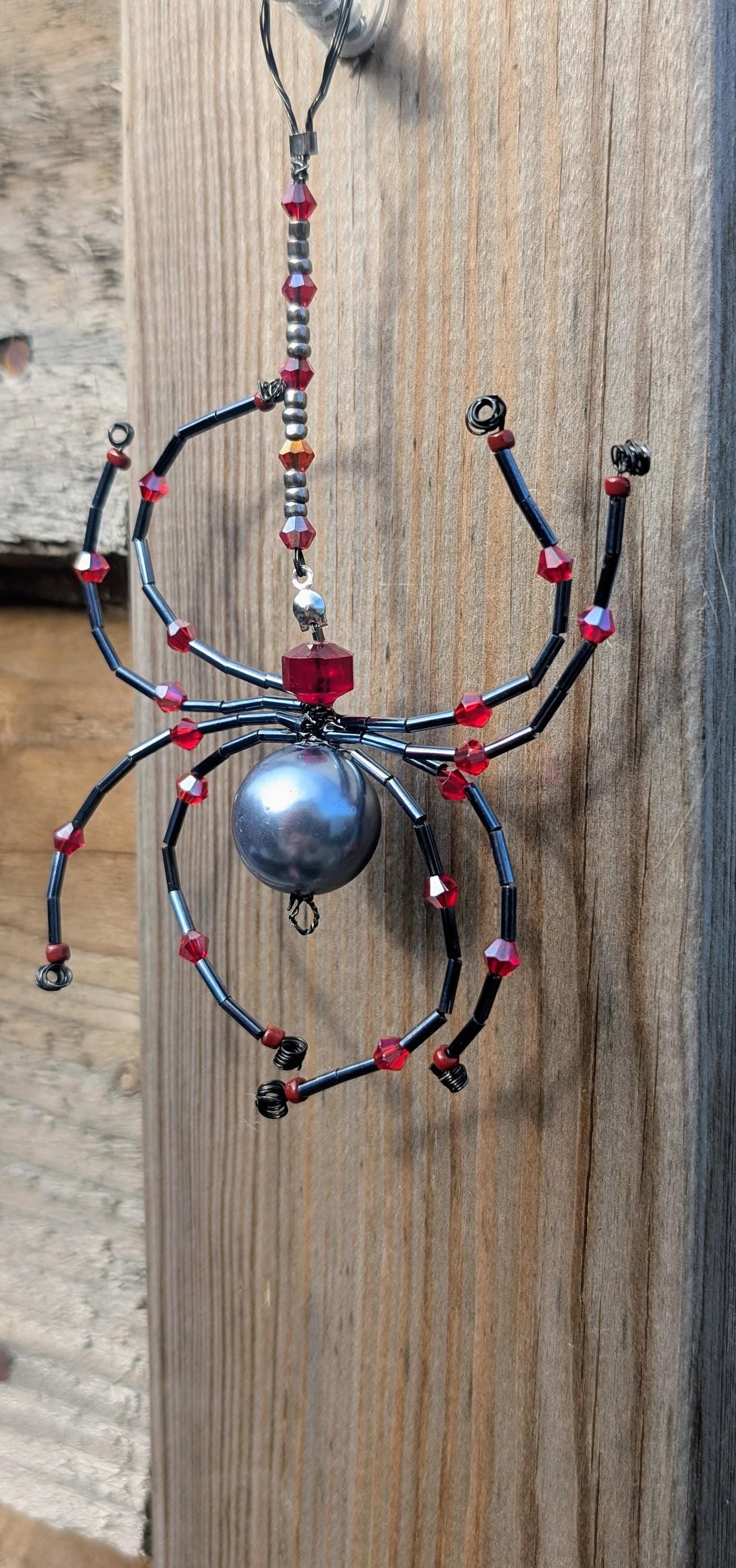 Handmade Beaded Spider Ornament: Gunmetal Grey & Red Glass Beads