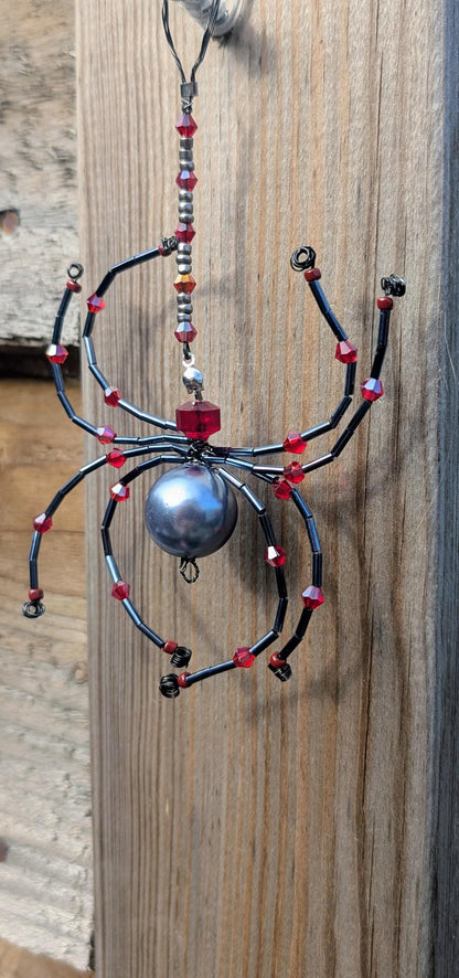 Handmade Beaded Spider Ornament: Gunmetal Grey & Red Glass Beads