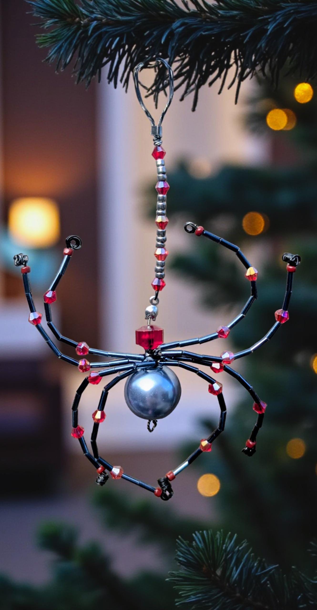 Handmade Beaded Spider Ornament: Gunmetal Grey & Red Glass Beads