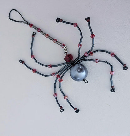 Handmade Beaded Spider Ornament: Gunmetal Grey & Red Glass Beads
