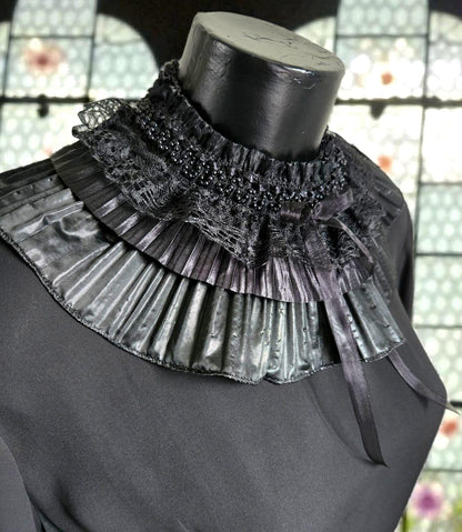 Black Lace Beaded Neck Ruff Collar - Steampunk Gothic Costume