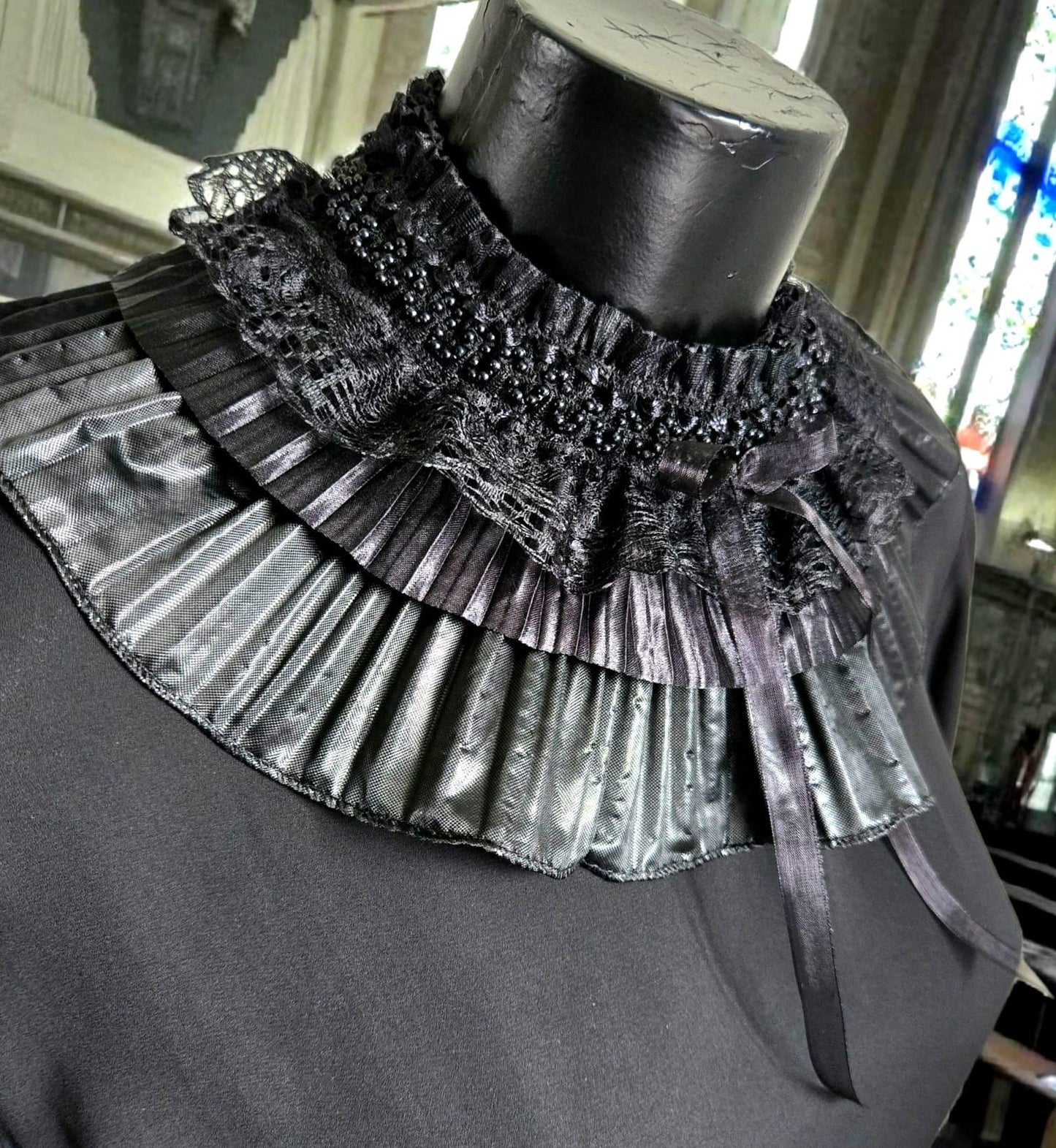 Black Lace Beaded Neck Ruff Collar - Steampunk Gothic Costume