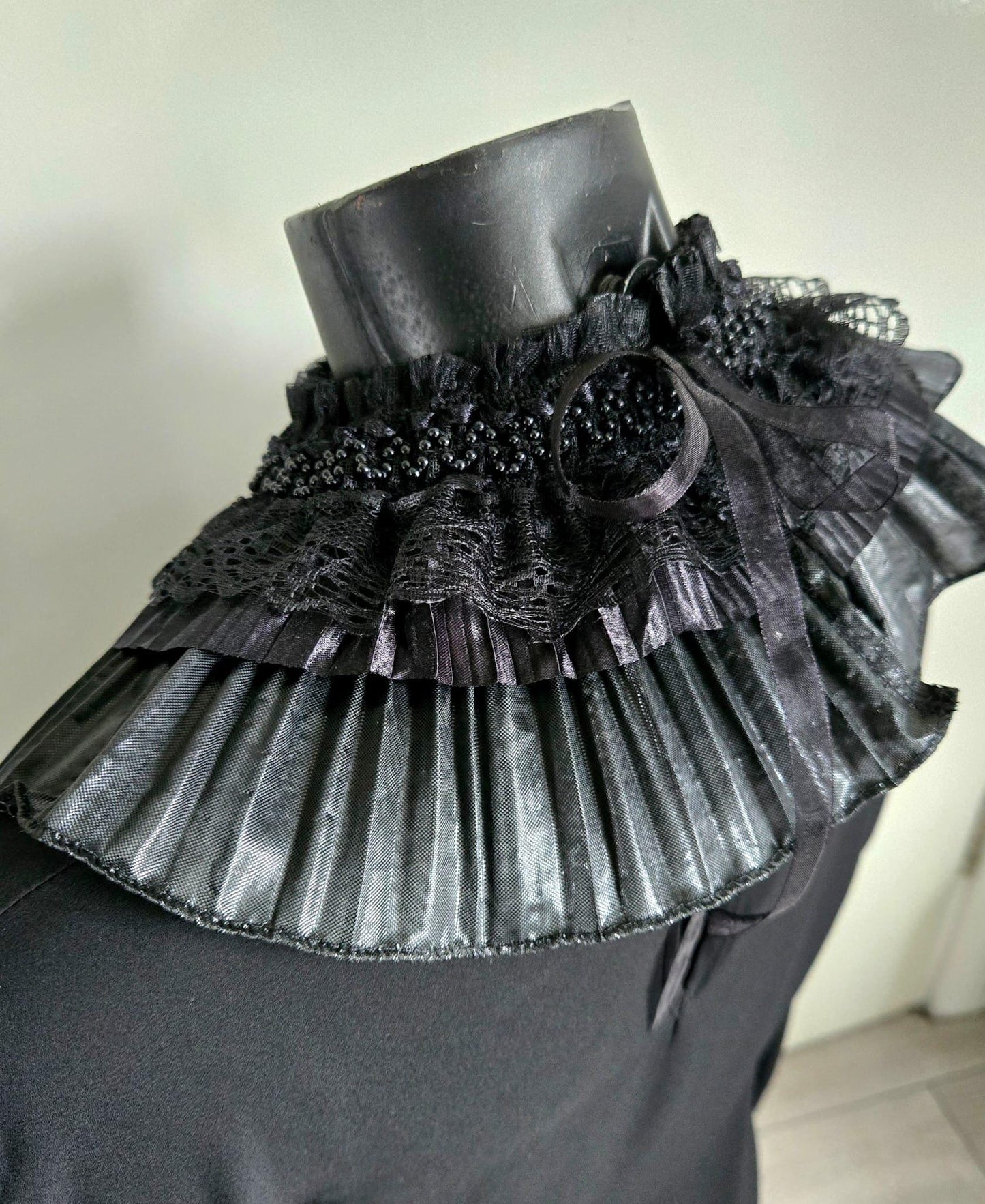 Black Lace Beaded Neck Ruff Collar - Steampunk Gothic Costume
